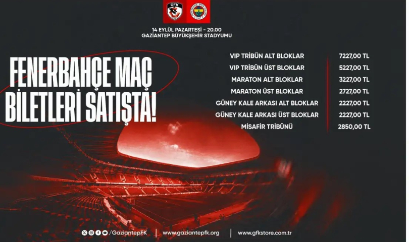 Gaziantep FK - Fenerbahçe biletleri satışta
