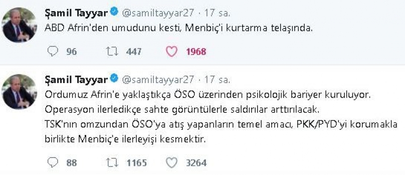 Milletvekili Tayyar: “ABD Afrin’den umudunu kesti, Menbiç’i kurtarmanın telaşında”